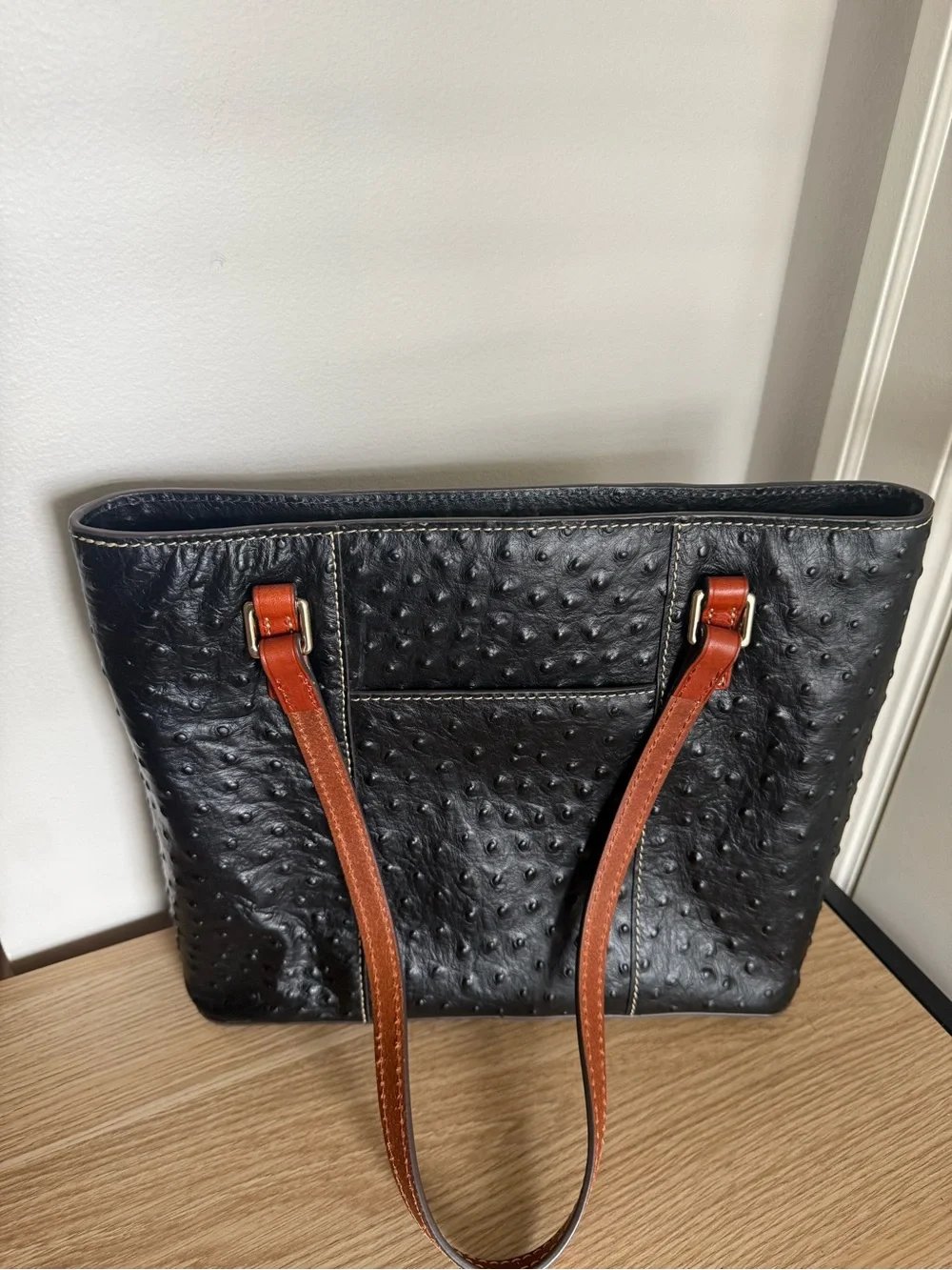 Dooney & Bourke Black Ostrich-Embossed Tote with Brown Straps